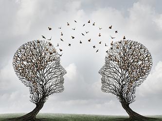 Two bushes cllpped to look like people's heads with birds flying in between, denoting the concept of mentoring